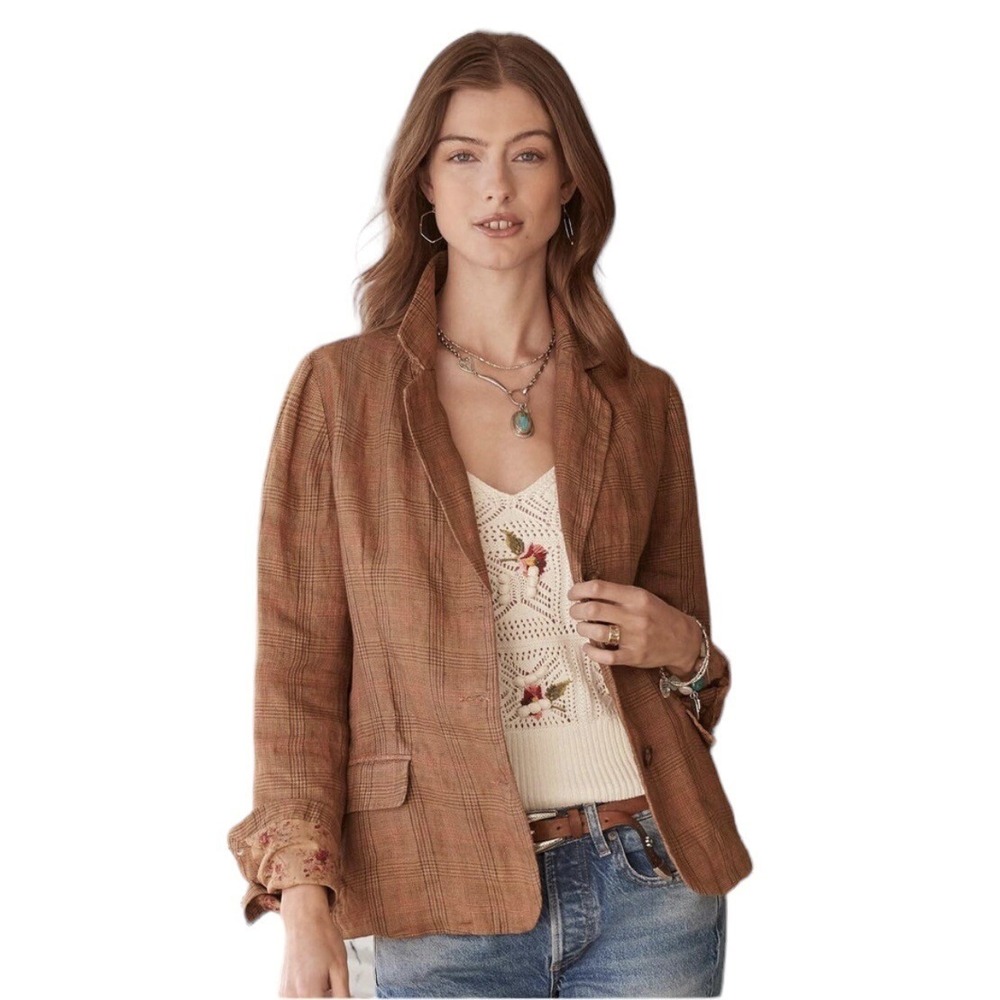 Sundance Blazer Edson Hill Plaid LinenOrange Floral Button Front Small MSRP $198